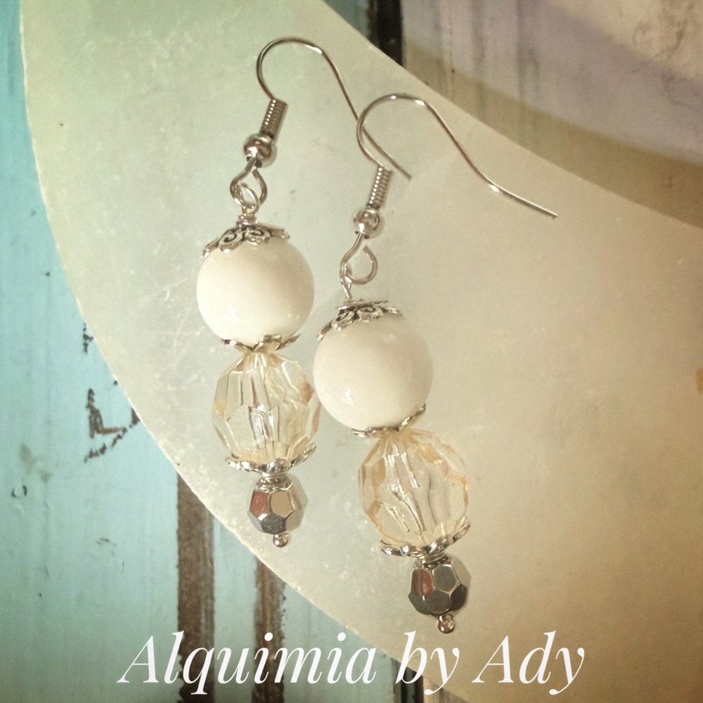White & Champagne Dangle Earrings — Lightweight & Handmade